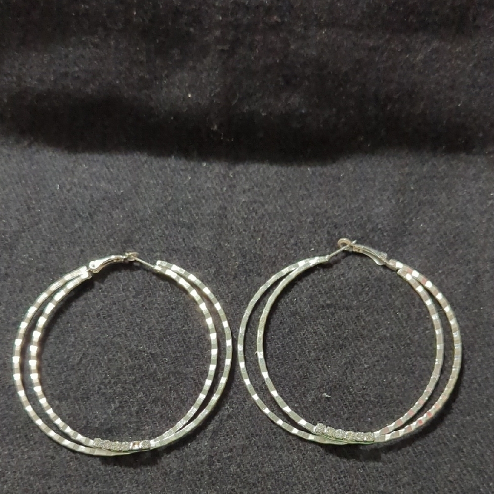 Silver Tone Clear Rhinestone Textured Hoop Statement Earrings